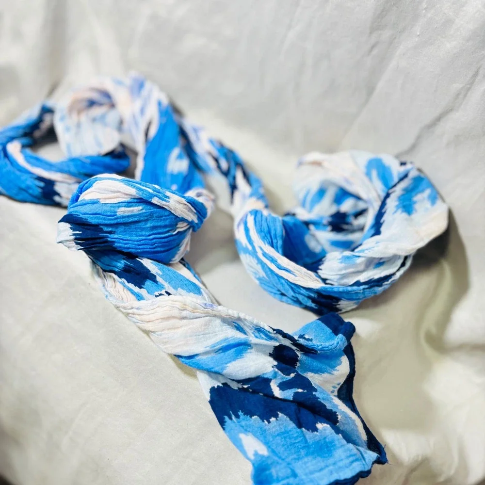 Blue Ikat Print Lightweight Scarf Wrap Boho Coastal Summer Shawl